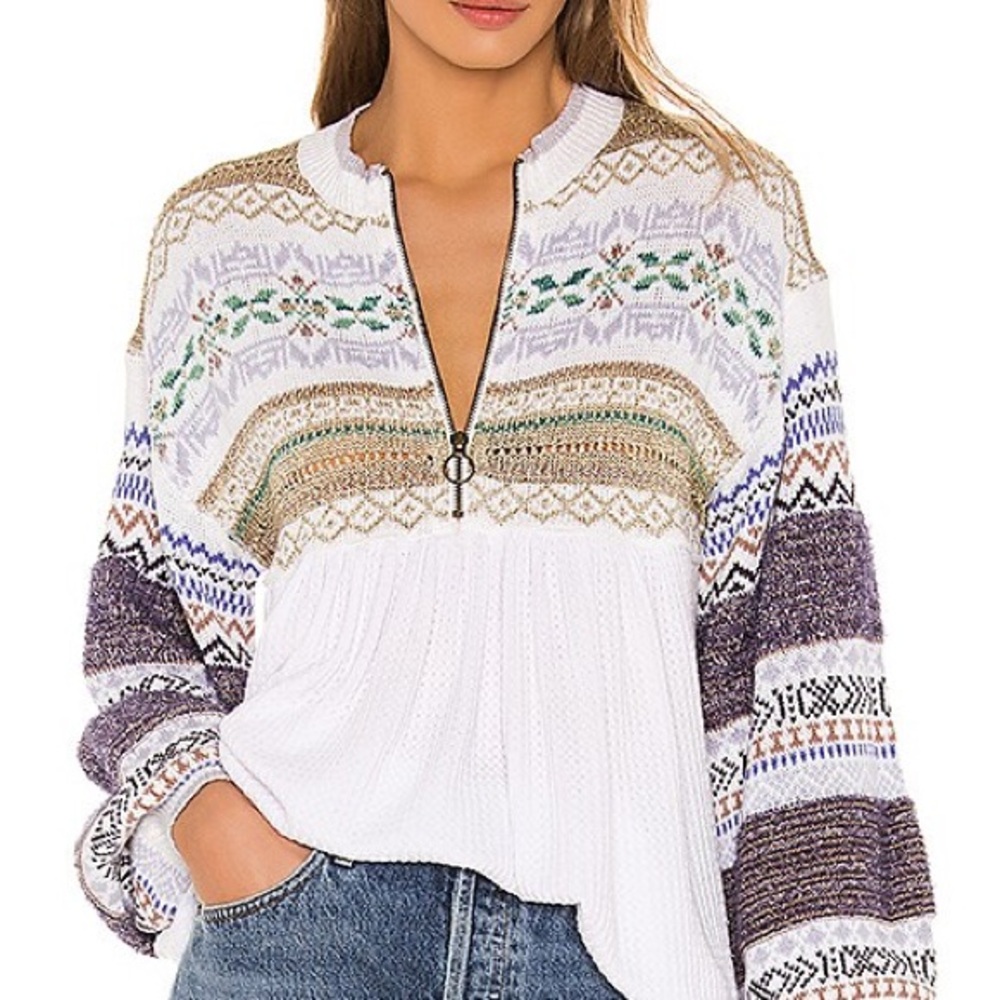 Free People White Half-Zip Pullover with Multicolor Patterned Yoke